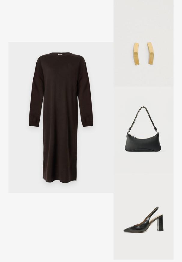 DRYKORN RIMONE - Strikkjoler - brown; Sort læder peep-toe slingback sko med høj blokhæl og beige indvendig foring mod en ensfarvet lys baggrund.; Sort skuldertaske i læder med en buet rektangulær form, gyldent kæde vævet ind i en flettet sort rem og toplynlås.; Guldtonede metaløreringe med et bøjet, langstrakt design. Overfladen er glat og poleret med en minimalistisk stil.