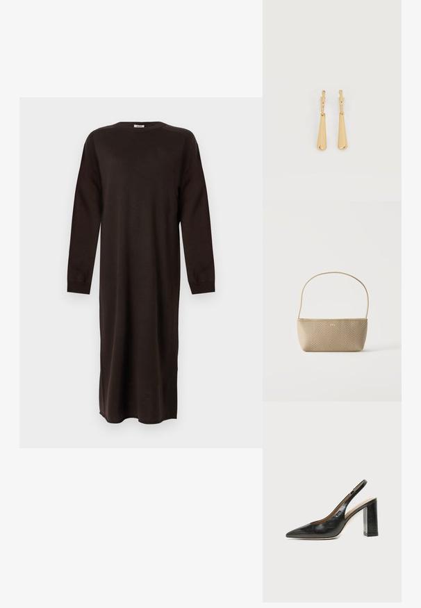 DRYKORN RIMONE - Gebreide jurk - brown; Zwarte leren slingback schoen met spits toelopend neusje, hoge blokhak en beige binnenvoering tegen een effen lichte achtergrond.; Beige geweven handtas met dunne schouderriem en klein gouden "BOSS" logo aan de voorkant, getoond tegen een effen witte achtergrond.; Oorbellen in goudkleur met glanzende, langgerekte druppelvormige hangers die aan kleine oorringen hangen, op een witte achtergrond.