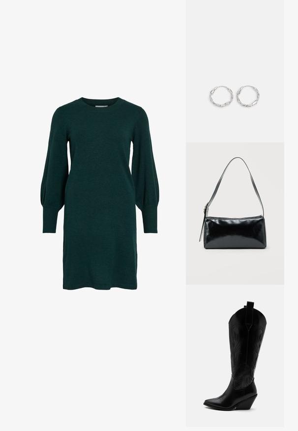 Vestido de punto verde con escote redondeado, mangas largas abullonadas y puños acanalados. La tela parece suave con una textura lisa.; Bota de vaquero de cuero negro con punta puntiaguda, tacón bloqueado inclinado, costuras decorativas y lengüetas en la parte superior sobre fondo blanco.; Bolso de hombro rectangular negro con una correa ajustable y un cierre de cremallera superior sobre un fondo liso.; Pendientes de aro plateados con textura ondulada e irregular. Presentan una forma circular delgada y un acabado reflectante.