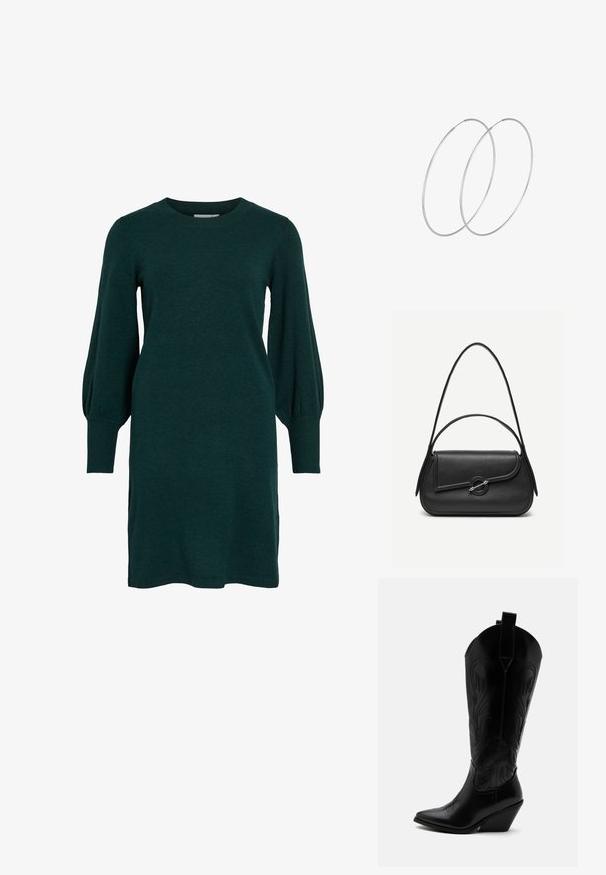 Groene gebreide jurk met een ronde halslijn, lange pofmouwen en geribbelde manchetten. De stof lijkt zacht met een gladde textuur.; Zwarte leren cowboylaars met puntige neus, schuine blokhak, decoratieve stiksels en aantreklusjes bovenaan tegen een witte achtergrond.; Zwarte leren handtas met afgeronde hoeken, asymmetrische klep, metalen ronde sluiting en zowel korte als lange schouderriemen.; Zilveren hoepel oorbellen met een minimalistisch ontwerp. Cirkelvormig, gladde textuur en dun profiel. Lichtgewicht met een gepolijste afwerking.