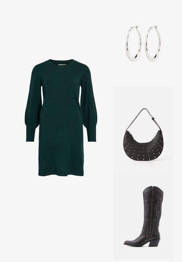 Vestido de punto verde con escote redondeado, mangas largas abullonadas y puños acanalados. La tela parece suave con una textura lisa.; Botas de cowboy de cuero marrón con costuras en forma de llama, cremallera lateral, tachuelas plateadas, punta puntiaguda y tacón apilado.; Bolso de mano de cuero negro con forma curva, adornado con tachuelas plateadas, cuenta con cierre de cremallera y una sola correa ajustable.; Pendientes de aro de plata con un acabado suave y brillante. Forma circular, con un cierre seguro. Diseño sencillo y elegante.