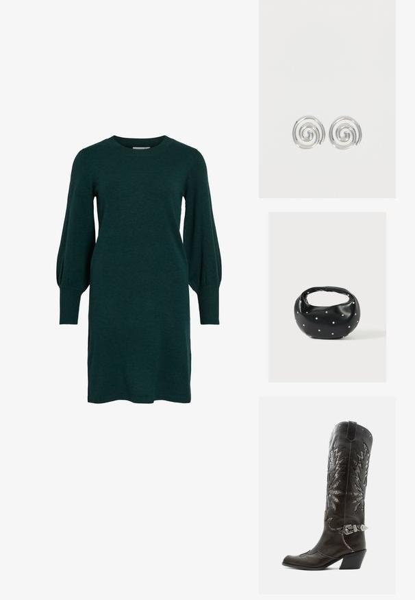 Robe tricotée verte avec un col rond, de longues manches bouffantes et des poignets côtelés. Le tissu semble doux avec une texture lisse.; Botte de cowboy en cuir noir avec découpes décoratives, boucle argentée et talon incliné, présentée sur fond blanc.; Sac à main en cuir noir de forme arrondie, décoré de clous argentés et équipé d'une poignée courte. Texture lisse et fermeture éclair.; Paire de boucles d'oreilles en forme d'anneau spirale en argent avec un design lisse et arrondi sur fond blanc uni.