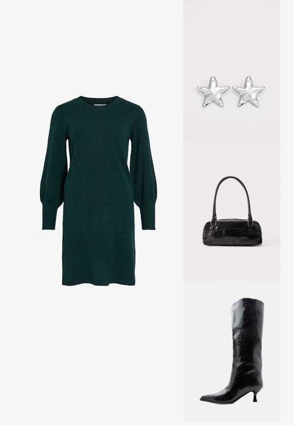 Vestido de punto verde con escote redondeado, mangas largas abullonadas y puños acanalados. La tela parece suave con una textura lisa.; Bota negra de cuero brillante hasta la rodilla con punta puntiaguda y tacón bajo curvado sobre un fondo claro y liso.; Bolso de mano de cuero negro con forma rectangular, equipado con un asa estructurada, herrajes en plata y cierre de cremallera. Textura suave.; Pendientes en forma de estrella plateada con una superficie pulida y brillante. Cada pendiente presenta cinco puntas y sutiles detalles de textura en la superficie.