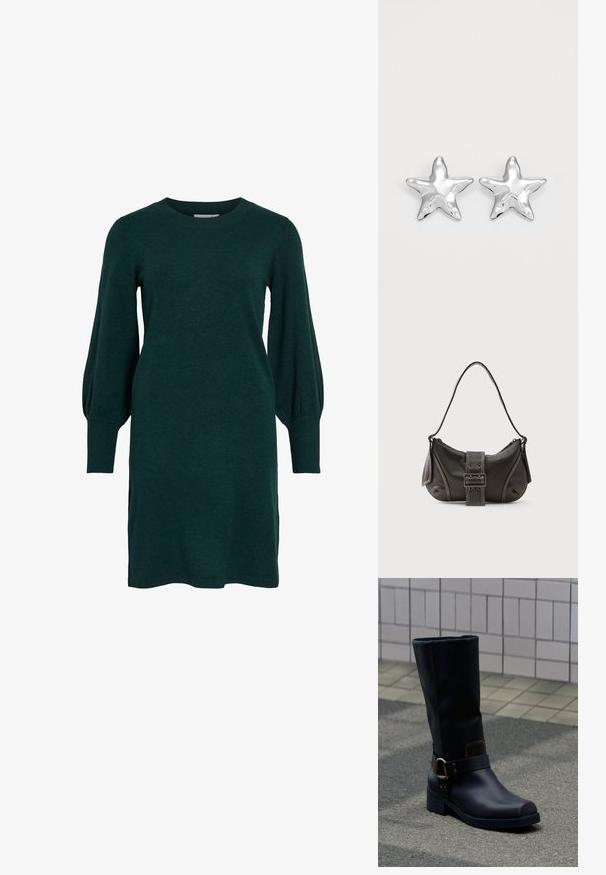 Vestido de punto verde con escote redondeado, mangas largas abullonadas y puños acanalados. La tela parece suave con una textura lisa.; Bota de cuero negra a media pantorrilla con tacón bajo y una correa decorativa con hebilla metálica, apoyada sobre una superficie pavimentada gris cerca de una pared alicatada.; Bolso de hombro de cuero negro con detalle de correa con hebilla, bordes curvos y costuras blancas en contraste sobre un fondo liso.; Pendientes en forma de estrella plateada con una superficie pulida y brillante. Cada pendiente presenta cinco puntas y sutiles detalles de textura en la superficie.