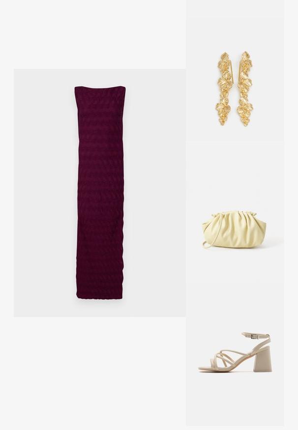 Bordeaux jurk gemaakt van textiel met een golvend patroon, met een strapless ontwerp en een rechte zoom aan de onderkant.; Beige haksandalen met gekruiste banden, een enkelgesp en een vierkante blokhak voor stabiliteit. Gladde leerachtige textuur.; Geel geplooide handtas van soepel nepleer, met een zachte vorm, een enkele schouderriem en een verzameld ontwerp aan de bovenkant.; Gouden oorbellen ontworpen als watervallen van bladeren, met gedetailleerde bladvormen en een glanzende metalen afwerking. Lichtgewicht met een delicate structuur.