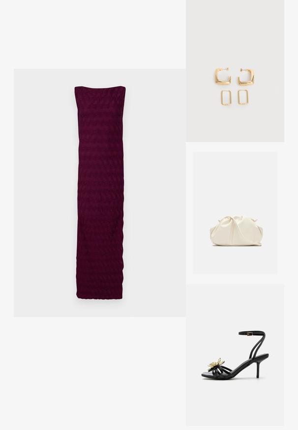 Bordeaux jurk gemaakt van textiel met een golvend patroon, met een strapless ontwerp en een rechte zoom aan de onderkant.; Zwarte sandaal met hoge hak en bandjes, enkelgesp en gouden metalen bloemdetail op het voorste bandje tegen een witte achtergrond.; Zachte, crèmekleurige leren clutch met geplooid, gerimpeld ontwerp en een dunne schouderriem die vooraan op een effen achtergrond ligt.; Twee paar gouden geometrische creolen op een effen witte ondergrond, een paar vierkant en massief, een paar rechthoekig en hol.
