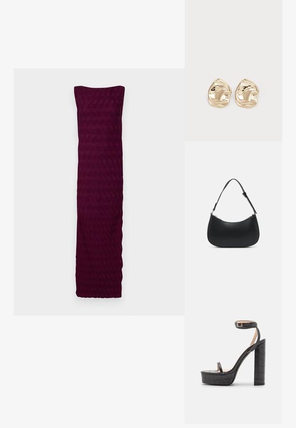 Bordeauxkjole lavet af tekstureret stof med et bølget mønster, der har et stropløst design og en lige kant forneden.; RAID ELIXEN - Højhælede sandaletter / Højhælede sandaler - black; Pieces PCALUANA SHOULDER BAG - Håndtasker - black; Guldtonede metalstudøreringe med et uregelmæssigt, glat design og en reflekterende overflade samt bølgede kanter. Ingen yderligere udsmykninger.