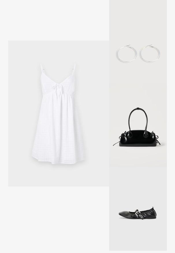 Vestido blanco sin mangas con tirantes finos, que presenta un lazo en la parte delantera, un corsé holgado y un patrón de gingham texturizado.; Zapato plano de piel negra con puntera afilada, detalle fruncido alrededor de la abertura y un acento de hebilla plateada en la correa ajustable.; Pequeño bolso negro brillante con dos asas largas y detalles de cordón lateral sobre un fondo claro liso.; Pareja de pendientes de aro plateados brillantes con cierres de alambre delgado, mostrados sobre un fondo gris claro.