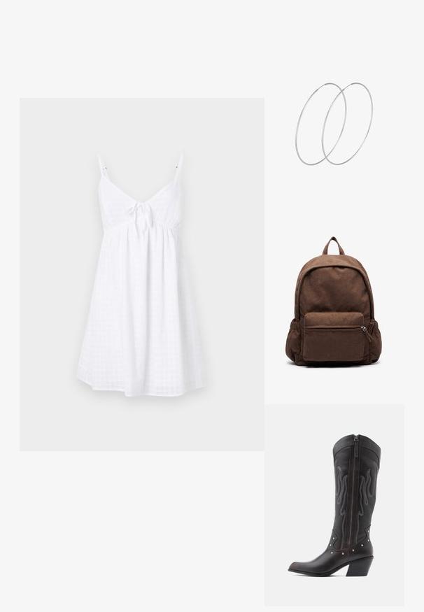 Vestido blanco sin mangas con tirantes finos, que presenta un lazo en la parte delantera, un corsé holgado y un patrón de gingham texturizado.; Botas de cowboy de cuero marrón con costuras en forma de llama, cremallera lateral, tachuelas plateadas, punta puntiaguda y tacón apilado.; Mochila de pana marrón con forma redondeada, que cuenta con un bolsillo frontal con cremallera, bolsillos de malla laterales y un asa superior para llevarla.; Pendientes de aro plateados con un diseño minimalista. Forma circular, textura suave y perfil delgado. Livianos con un acabado pulido.