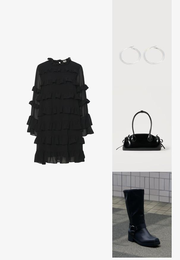 Schwarzes Kleid mit einem Rüschendesign, das lange Ärmel, einen hohen Kragen und mehrere Stufen von Rüschen für Textur und visuelle Details aufweist.; Schwarzer Lederstiefel bis zur Mitte der Wade mit niedrigem Blockabsatz und dekorativem Riemen mit Metallschnalle um den Knöchel, auf einem gefliesten Gehweg.; Kleine schwarze glänzende Handtasche mit zwei langen Griffen und seitlichen Kordelzug-Details vor einfachem hellem Hintergrund.; Paar glänzende silberne Creolen mit dünnen Drahtverschlüssen, dargestellt vor einem hellgrauen Hintergrund.