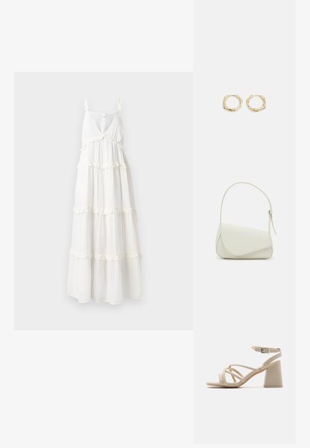 Vestido maxi blanco con un escote en V profundo, tirantes finos y volantes en capas a lo largo del dobladillo. Hecho de una tela ligera y fluida para mayor comodidad.; Sandalias de tacón en color beige con correas entrelazadas, hebilla en el tobillo y tacón de bloque cuadrado para mayor estabilidad. Textura suave similar al cuero.; Bolso de mano de imitación cuero blanco con una forma triangular estructurada, correa ajustable única y cierre con solapa acentuada en curva.; Pendientes de aro de oro con forma irregular y texturizada. Presentan un cierre sin costuras y un acabado pulido, destacando un diseño moderno.