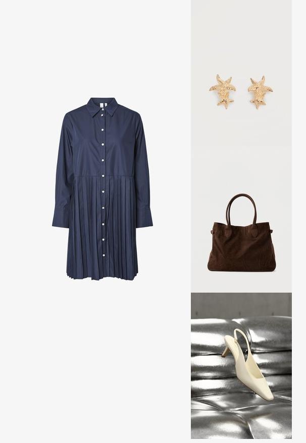 Laivansinis mekko, jossa on kaulus, täyset hihat, painonappikiinnitys edessä ja laskostettu hameosa. Valmistettu sileästä kankaasta, jossa on jämäkkä muotoilu.; Kermanvärinen slingback-kenkä, jossa on pieni korko ja neliönmuotoinen kärki, lepää kiiltävällä hopeanvärisellä, tuftatulla nahkapinnalla.; Ruskea mokkasiinitote -laukku, jossa on kaksi pitkää kahvaa, soikeat korostukset ja tilava muotoilu. Pehmeä rakenne ja minimalistinen ulkonäkö.; Kultaiset korvakorut, joissa on kaksi tekstuurilla varustettua meritähden muotoa, toinen suurempi ja toinen pienempi, kummassakin korvakorussa valkoista taustaa vasten.