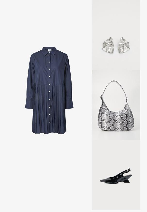 Marineblå skjortekjole med krave, lange ærmer, knaplukning foran og plisseret skørt. Lavet af glat stof med en struktureret design.; Sort laklæder slingback sko med spids tå og lav vinklet blokhæl på ensartet lys baggrund.; Sort-hvid slangemønster skuldertaske med en rund form, glat tekstur og en buet rem. Har et sølvfarvet hardware-accents.; Sølvmetal øreringe med et bølgende, skulpturelt design, der har en poleret overflade og uregelmæssige former, hvilket fremhæver en moderne æstetik.