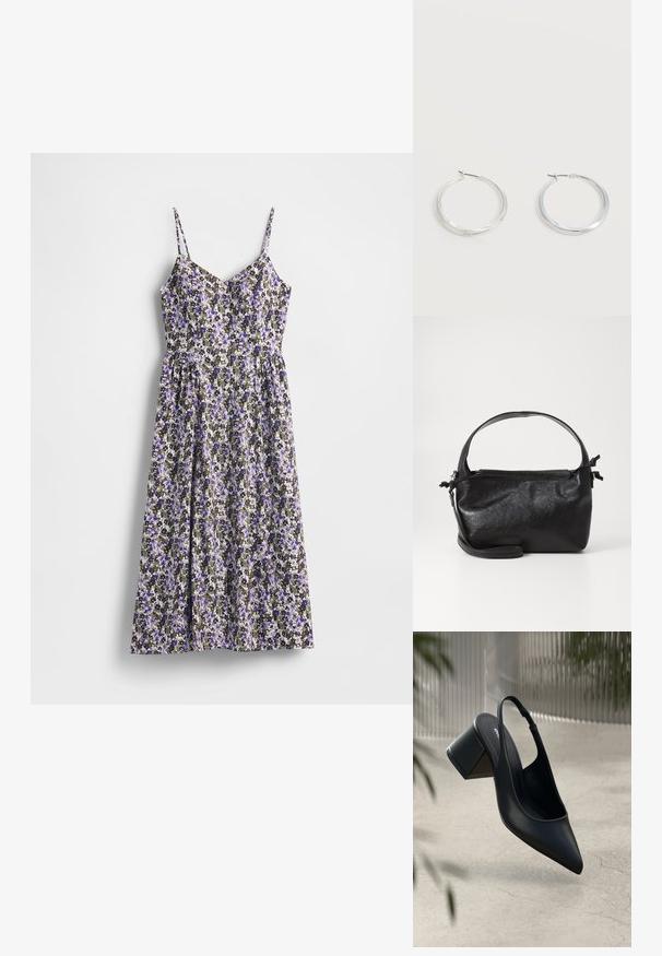 Robe fleurie avec bretelles fines ajustables, présentant un petit motif de fleurs violettes et noires sur un fond clair, tissu fluide, silhouette trapèze.; Escarpin noir en cuir avec un bout pointu et un talon bloc. Texture lisse, design minimaliste et bride de cheville réglable.; Sac à main en cuir noir au design structuré, avec une poignée arrondie et une bandoulière amovible. Présente une texture lisse et un éclat subtil.; Boucles d’oreilles créoles en métal argenté avec une surface lisse légèrement incurvée et des fermoirs à clapet sur un fond blanc uni.