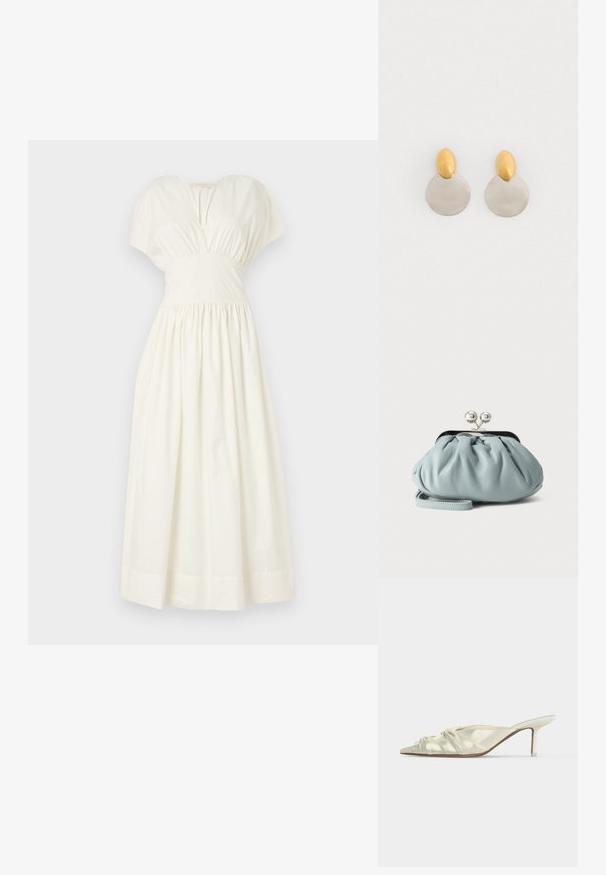 Faithfull the brand AUVE MIDI DRESS - Maksikleit - white; Valge satiinst varbava lõikega mule, volditud detailidega ja keskmise kõrgusega õhukese kontsaga ühevärvsel taustal.; Väike helesinine nahast mündikott hõbedase metallist kiss-lock kinnitusmehhanismi ja lühikese randmerihmaga ühevärvilisel taustal.; Kuld- ja hõbedametallist kõrvarõngad, millel on ümar diskipõhi ja ovaalne pealmine osa, sile tekstuur ja poleeritud viimistlus.