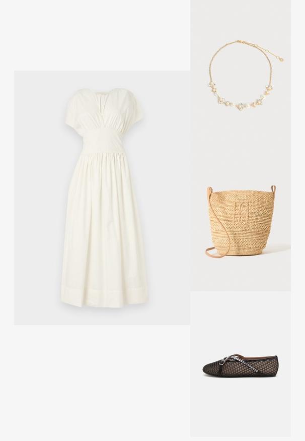 Faithfull the brand AUVE MIDI DRESS - Maxi šaty - white; Čierne sieťované baletky majú textúrovaný dizajn, tenký nastaviteľný remienok a kovové akcenty pozdĺž okraja, so zaoblenou špičkou.; Tkaná slamenná kabelka v tvare vedra s textúrovaným vzorom a koženým remienkom, zobrazená v zvislej polohe na jednoliatom svetlom pozadí.; Zlatý retiazkový náhrdelník s prestriedanými bielymi perlami a čistými kryštálovými kvetinovými zhlukmi, s nastaviteľnou sponou a malým príveskom v tvare hviezdy.