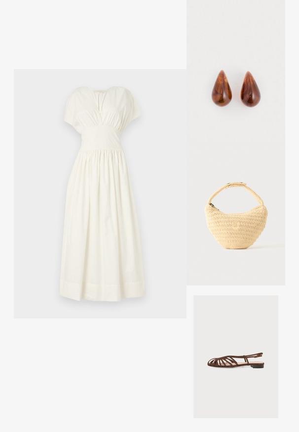 Faithfull the brand AUVE MIDI DRESS - Maksikleit - white; Pruun madal sandaal mitme õhukese rihmaga ja väikese pandlaga pahkluul, esitatud valgel taustal.; Beežist kootud käekott ümarate servadega, lukuga ja lühikese, paksu rihmaga, lihtsas tekstureeritud heegeldatud stiilis.; Läikivad pruunid pisarakujulised kõrvarõngad, millel on valgel taustal kerged tumedamad mustrid.