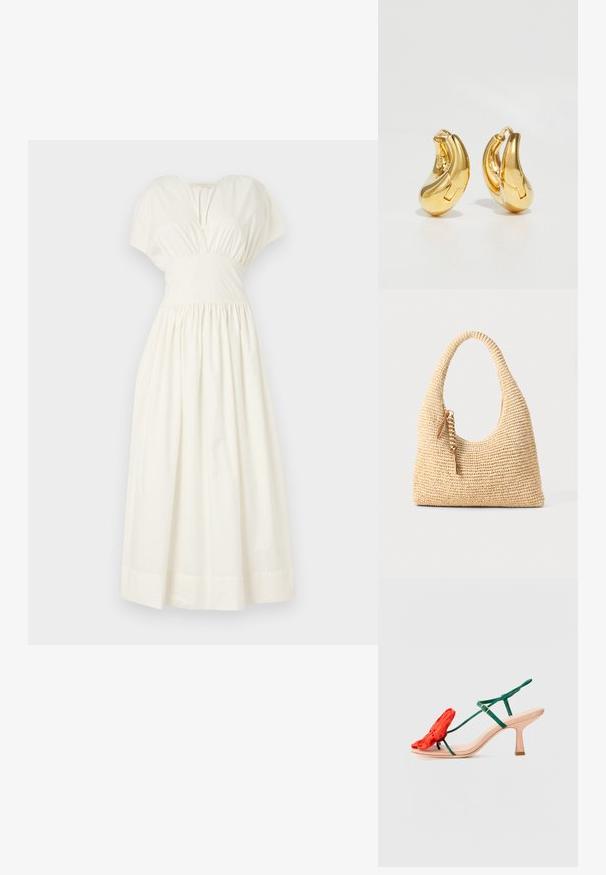 Faithfull the brand AUVE MIDI DRESS - Maksikleit - white; Loeffler Randall FRANK - Pahkluukinnisega rihmikud - nude/green/red; Kootud beež käsipakiga kott, millel on kumer käepide, tekstuuriga pind ja pruun tassi detail. Omab vabalt laskevat, hobo stiilis kuju.; Kuldne rõngastüüpi kõrvarõngad sujuva, kõverdatud kujuga ja läikiva viimistlusega. Omavad sulgemismehhanismi ja väikeseid süvendusi detailideks.