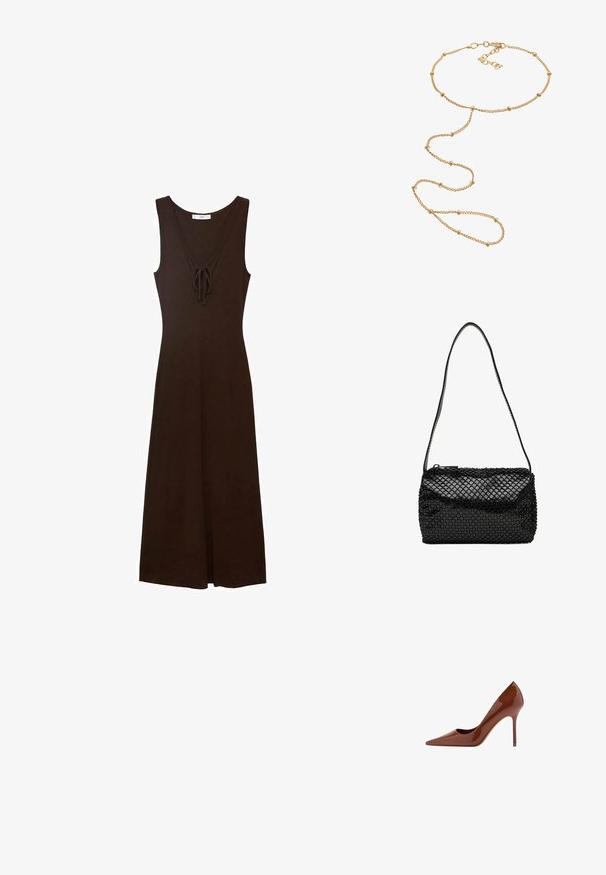 Robe sans manches marron avec un décolleté en V, détails à nouer à l'avant et une silhouette fluide, fabriquée à partir d'un tissu lisse.; Chaussure à talon aiguilles brun brillant à bout pointu avec un talon fin sur fond blanc.; Petit sac à main cylindrique noir avec une longue sangle fine et un motif en filet sur la surface.; Collier en or composé de maillons interconnectés, agrémenté de perles rondes à intervalles, et d'un fermoir sécurisé avec un rallonge ajustable.