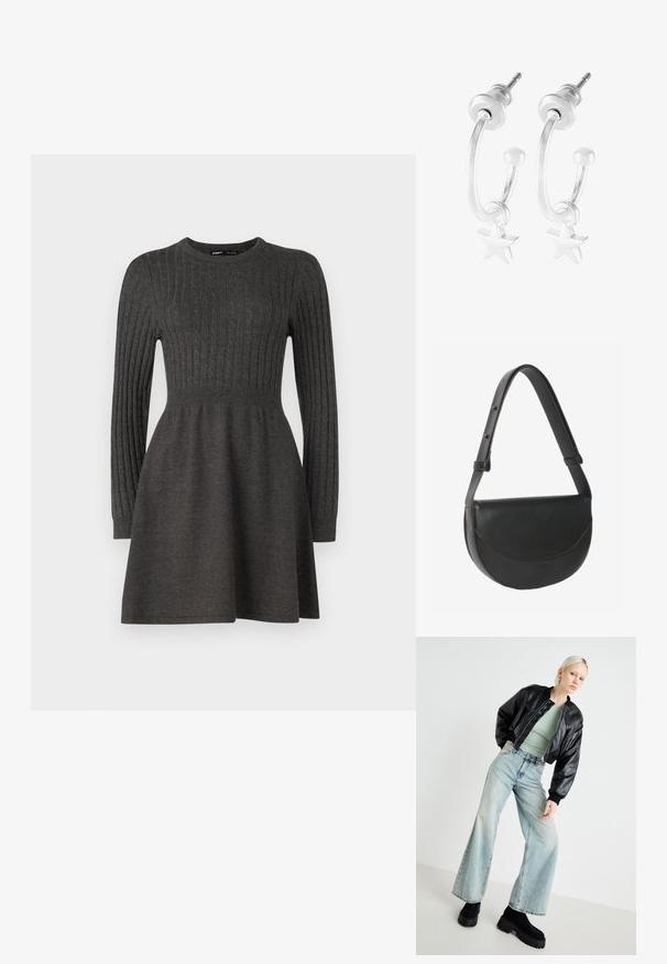 Tumehall knit-kleit ribatud tekstuuri, pikkade varrukate, ümmarguse kaelaaugu ja istuva bodice'ga, mis laieneb seeliku poole.; Must musta bomber jacket, heled rohelise sobiva pluusi, helesinised laiad teksapüksid ja paksud mustad platvormi saapad. Siledad tekstuurid ja kontrastsed värvid.; Mustast nahast poolkuukujuline õlakott reguleeritava rihma ja klapikinnitusega valgel taustal.; Hõbedased rõngaskõrvarõngad, millel on tähtkujuline ripats, omavad poleeritud viimistlust ja kumerat disaini, kinnitatud postikinnitusse.