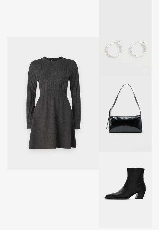 Vestido de punto gris oscuro con textura de canalé, mangas largas, cuello redondo y un cuerpo ajustado que se abre en una falda.; Bota de tobillo de cuero negro con punta afilada, una silueta elegante y un tacón cuadrado grueso. Textura suave con detalles de costura mínimos.; Bolso de hombro rectangular negro con una correa ajustable y un cierre de cremallera superior sobre un fondo liso.; Par de pendientes de aro plateados brillantes de tamaño mediano con cierres metálicos finos sobre un fondo neutro claro.