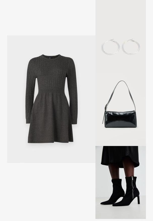 Dunkelgraues Strickkleid mit geripptem Muster, langen Ärmeln, rundem Ausschnitt und einem taillierten Oberteil, das in einen Rock ausläuft.; Schwarze Ankle-Boots mit einem dehnbaren Stoff-Oberteil, spitzem Zehenbereich und seitlichem Reißverschluss, auf einem schlanken, hohen Absatz.; Schwarze rechteckige Schultertasche mit einem verstellbaren Riemen und einem oberen Reißverschluss vor einfachem Hintergrund.; Paar glänzende silberne Creolen mit dünnen Drahtverschlüssen, dargestellt vor einem hellgrauen Hintergrund.