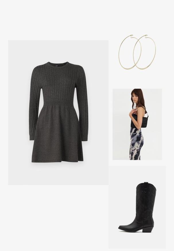 Tumehall knit-kleit ribatud tekstuuri, pikkade varrukate, ümmarguse kaelaaugu ja istuva bodice'ga, mis laieneb seeliku poole.; Mustvalge nahkne cowboy saabas terava varbaga, madala kuhjatud kontsaga ning keeruka reljeefse lehemustriga säär. Üleval servas silmus mugavaks selga panemiseks.; Mustast tepitud õlakotist, millel on üks rihm ja hõbedane riistvara, koos mustri ja koorevärvi triibulise kleidiga, mis on kehakujuline.; Pilgrim Kõrvarõngad - gold-coloured