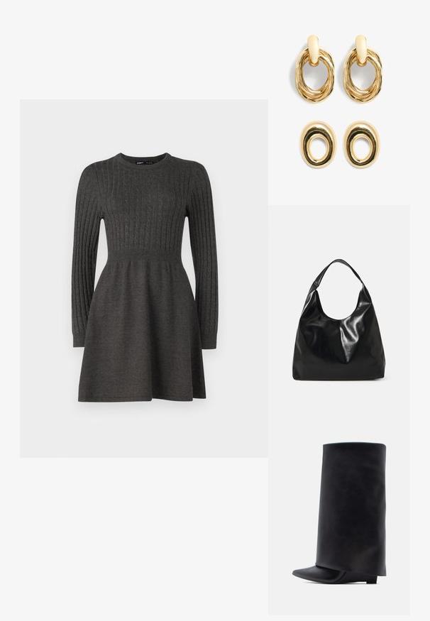 Vestido de punto gris oscuro con textura de canalé, mangas largas, cuello redondo y un cuerpo ajustado que se abre en una falda.; Botines de cuero negro con un alto caña cilíndrica, punta puntiaguda y tacón bajo y plano, con una textura suave y diseño minimalista.; Bolso hobo de cuero negro con una textura suave y brillante y un diseño de parte superior redondeada y abierta. Cuenta con una amplia correa curvada para llevar. Sin hardware visible.; Pendientes de metal en tono dorado con diseños ovalados retorcidos. La pareja superior tiene un bucle texturizado; la pareja inferior es lisa con un corte circular.