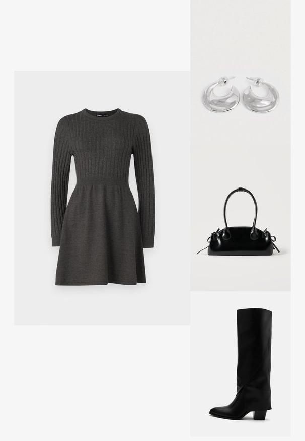 Tumehall knit-kleit ribatud tekstuuri, pikkade varrukate, ümmarguse kaelaaugu ja istuva bodice'ga, mis laieneb seeliku poole.; Pikk must nahast saabas nurkadega õmbluste, terava varba ja jämeda keskmise kõrgusega kontsaga valgel taustal.; Väike must läikiv käekott kahe pika sangaga ja külgedel paelakinnitustega, ühel lihtsal helel taustal.; Paari poleeritud hõbedast kuusnurksete rõngaste kõrvarõngaid, selgete plastist tagustega valgel pinnal.