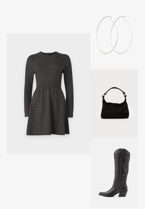 Tumehall knit-kleit ribatud tekstuuri, pikkade varrukate, ümmarguse kaelaaugu ja istuva bodice'ga, mis laieneb seeliku poole.; Pruunid nahast kootsasaapad leegitikkimisega, küljes lukk, hõbedased naelad, terav nina ja paks konts.; Mustast kunstkarusnahast käekott, millel on pehme tekstuur, ümar kuju ja tugev must nahast õlarihm. Nähtavad hõbedased detailid.; Hõbedased rõngassõrmused õhukese, sujuva disainiga; piklik ovaalne kuju; poleeritud viimistlus; omavad kindlat konksu sulgemist.