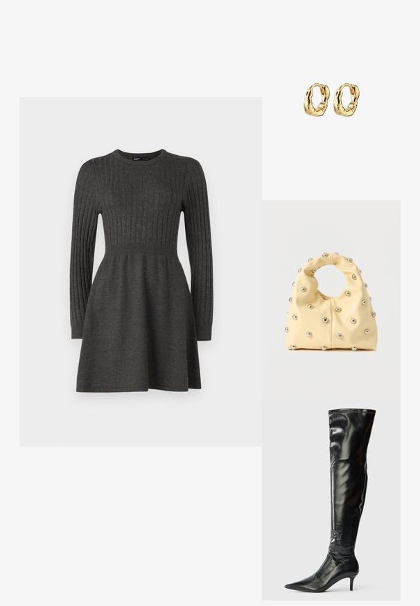 Tumehall knit-kleit ribatud tekstuuri, pikkade varrukate, ümmarguse kaelaaugu ja istuva bodice'ga, mis laieneb seeliku poole.; Knee-high mustad musta nahast saapad läikiva pinnaga, terava ninaga ja õhukese stilettokanna. Omab tihedat ülemist osa, millel on õmblusdetailid.; Pehme kollane käekott ringikujulise sangaga, kaunistatud ühtlaselt paigutatud väikeste hõbedaste metallkruvidega siledal pinnal.; Kuldse tooniga rõngas kõrvarõngad, millel on tekstureeritud ja ebakorrapärane disain. Need sisaldavad kindlat kinnitust ja siledat, peegeldavat pinda.