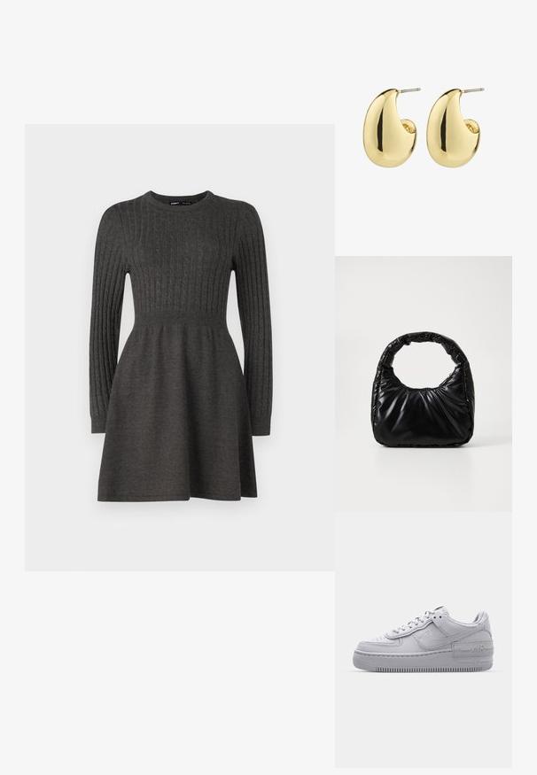 Tumehall knit-kleit ribatud tekstuuri, pikkade varrukate, ümmarguse kaelaaugu ja istuva bodice'ga, mis laieneb seeliku poole.; Hallitus hallid Nike Air Force 1 sneakerid, millel on augustatud varvas, siledast nahast ülemine osa, paks tall ning reljeefne 'AIR' detail kontsapadjal.; Must mustaga, millel on ümar käepide, särav ja sile pind ning pehme quiltitud tekstuur. Nähtavaid metallosi ega aktsente ei ole.; Kuldsetes toonides käevõruga kõrvarõngad, millel on sile, poleeritud pind ja abstraktne, tilgakujuline kuju. Lihtne metallpostiga kinnitus.