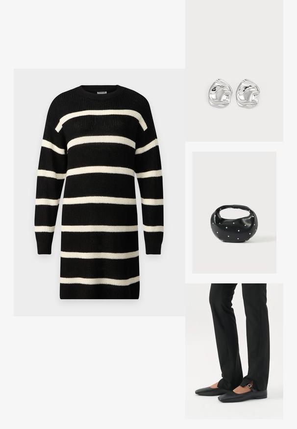 Robe pull noire en tricot avec de larges rayures horizontales crème, col rond et manches longues. Tissu texturé avec des poignets et un ourlet côtelés.; Jambes vêtues d’un pantalon slim noir avec des fentes à l’avant de l’ourlet, assorties à des chaussures plates Mary Jane noires avec une petite bride à boucle.; Sac à main en cuir noir de forme arrondie, décoré de clous argentés et équipé d'une poignée courte. Texture lisse et fermeture éclair.; Boucles d'oreilles en forme abstraite argentées avec une finition poli, présentant des courbes lisses et des contours subtils. Pas de motifs ou d'accents visibles.