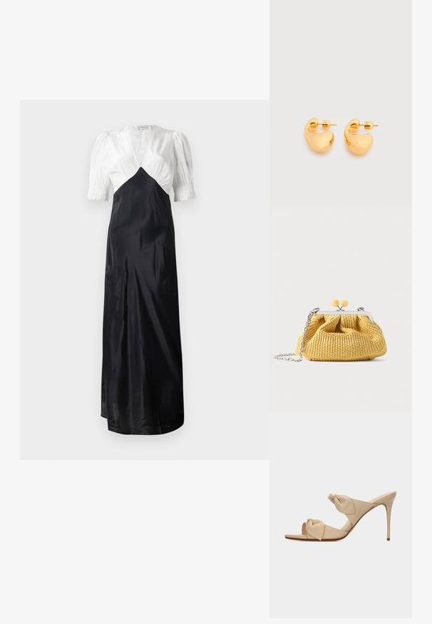 Lang kjole med hvid satinoverdel og sort satinkørt, med puffede ærmer og dyb V-udskæring. Glat tekstur, elegant design.; Beige åben tå højhælet mule-sandal med to snoede knudestrimler og en slank stilet-hæl på hvid baggrund.; Lille gul vævet håndtaske med sølvramme, to gule kuglelåse og en sølvkæde som rem på hvid baggrund.; Par af små, robuste ørestikker i guldfarvet metal med glatte, buede, abstrakte former på en lys baggrund.