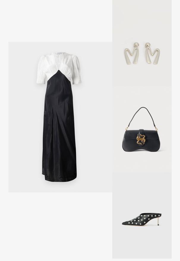 Lang kleed met een witte satijnen lijfje en een zwarte satijnen rok, met pofmouwen en een diepe V-hals. Gladde textuur, elegante uitstraling.; STAND STUDIO KELSEY - Muiltjes met hak - black; Zwarte leren handtas met een gebogen vorm, een enkele handgreep en een gouden slangenvormige gesp met label "Just Cavalli" op een effen achtergrond.; Paar zilverkleurige metalen oorbellen in de vorm van een hoekige letter M met afgeronde stekers op een witte achtergrond.