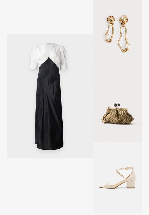 Lang kleed met een witte satijnen lijfje en een zwarte satijnen rok, met pofmouwen en een diepe V-hals. Gladde textuur, elegante uitstraling.; Beige blokhak sandalen met een minimalistisch ontwerp, open neus en verstelbare enkelriem met een gouden gesp detail. Zachte textuur.; Kleine clutch tas met goud-zwart geometrisch patroon, goudkleurig metalen frame, zwarte bolsluiting en een korte gouden kettingband.; Goudkleurige oorbellen met onregelmatige open vormen, elk met een parel aan de onderkant en edelsteendetails op de ronde stekers.
