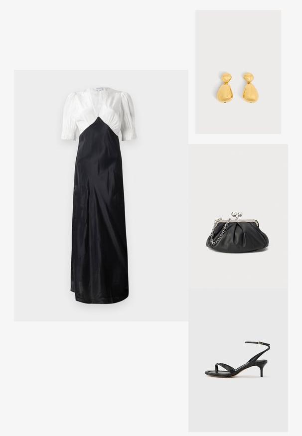 Lang kleed met een witte satijnen lijfje en een zwarte satijnen rok, met pofmouwen en een diepe V-hals. Gladde textuur, elegante uitstraling.; Zwarte leren dames sandaal met dunne bandjes, een teengreep, een enkelgesp en een stilettohak van gemiddelde hoogte op een neutrale achtergrond.; Zwarte leren clutch met geplooide textuur, zilverkleurig metalen frame, drukknopsluiting en kettingriem. Glad, zacht oppervlak.; Paar glanzende gouden druppelvormige oorbellen met een kleiner afgerond bovenstuk verbonden met een groter peer-vormig onderstuk.