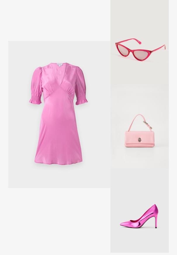 Roze satijnen jurk met korte pofmouwen, een V-halslijn en geraffineerde details bij de buste en mouwranden. Gladde, glanzende textuur.; Glanzend metallic roze hoge hakken stiletto schoen met puntige neus, display op een effen lichtgrijze achtergrond.; Rode kattenoogstijl zonnebril met doorschijnende roze montuur en getinte lenzen, rustend op een lichte ondergrond.; Roze leren handtas met een gestructureerde rechthoekige vorm, een enkele korte handgreep en een zilverkleurige sluiting aan de voorkant.