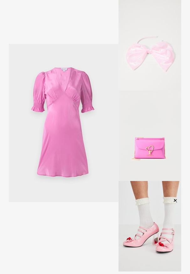 Robe en satin rose avec de courtes manches bouffantes, un décolleté en V et des détails froncés au niveau de la poitrine et des ourlets de manches. Texture lisse et brillante.; Talons hauts en cuir verni rose avec un bout arrondi, trois brides et des embellissements en cerise. Le talon bloc transparent présente des accents floraux. Chaussettes blanches à côtes.; Pochette Love Moschino rose vif avec fermoir en forme de cœur doré et fine bandoulière chaîne dorée sur fond blanc.; Accessoire capillaire rose et brillant en forme de grand nœud, avec une texture lisse et une fine sangle pour le maintenir en place.