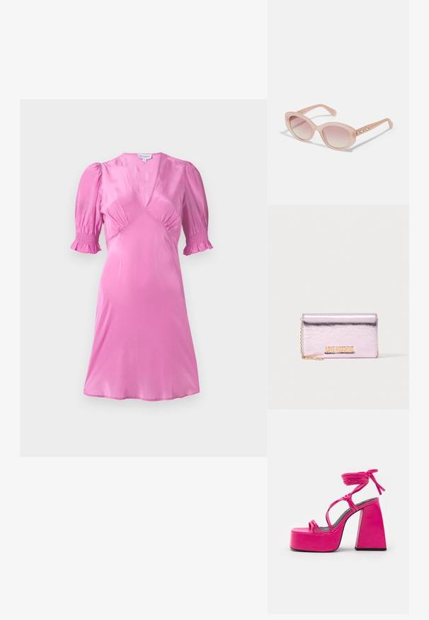 Roze satijnen jurk met korte pofmouwen, een V-halslijn en geraffineerde details bij de buste en mouwranden. Gladde, glanzende textuur.; Chio Sandalen met hoge hak - fresa; Roze cat-eye zonnebril met een doorzichtig frame en geleidelijke lenzen. Kenmerkt zich door edelsteenaccenten op de veren. Soepele textuur door het hele ontwerp.; Metallic roze Love Moschino clutch tas met een gouden kettingriem en gouden logotekst aan de voorkant.
