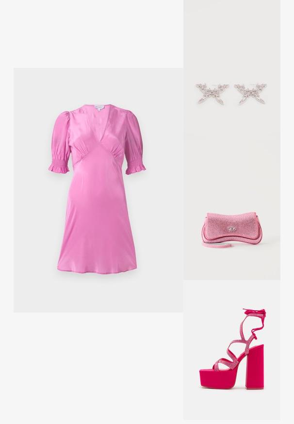 Robe en satin rose avec de courtes manches bouffantes, un décolleté en V et des détails froncés au niveau de la poitrine et des ourlets de manches. Texture lisse et brillante.; Steve Madden CHAMPAGNE - Sandales à plateforme - pink; Petit sac pochette rose scintillant avec une fermeture à fermoir argenté et une fine lanière de poignet sur fond blanc.; Boucles d'oreilles ornées de cristaux roses avec des formes complexes et des accents métalliques. Design léger avec un motif en filigrane et des attaches à tige.