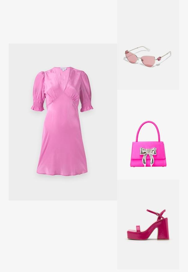 Rotes Satin-Kleid mit kurzen Puffärmeln, einem V-Ausschnitt und gerafften Details an der Brust und den Ärmelsäumen. Glatte, glänzende Textur.; RAID MAARIA - High Heel Sandalette - pink; Swarovski Sonnenbrille - pink; Rosa Handtasche mit glatter Textur, versehen mit einem silbernen, herzförmigen Schleifenakzent und einer strukturierten rechteckigen Form. Ausziehbarer Griff.