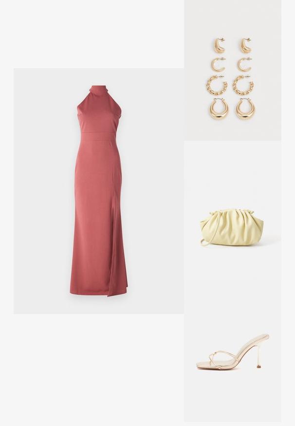 Robe longue rose poudré, col halter, coupe ajustée, réalisée en tissu lisse avec une fente haute sur la cuisse gauche pour une touche de design supplémentaire.; Sandale dorée à talons hauts avec bout ouvert, fines brides croisées et talon aiguille mince sur un fond clair uni.; Sac à main plissé jaune en simili cuir lisse, arborant une forme douce avec une bandoulière unique et un design froncé sur le dessus.; Ensemble de cinq boucles d'oreilles en or, avec des designs variés : surfaces torsadées, striées et lisses en formes de créoles et de croissants.