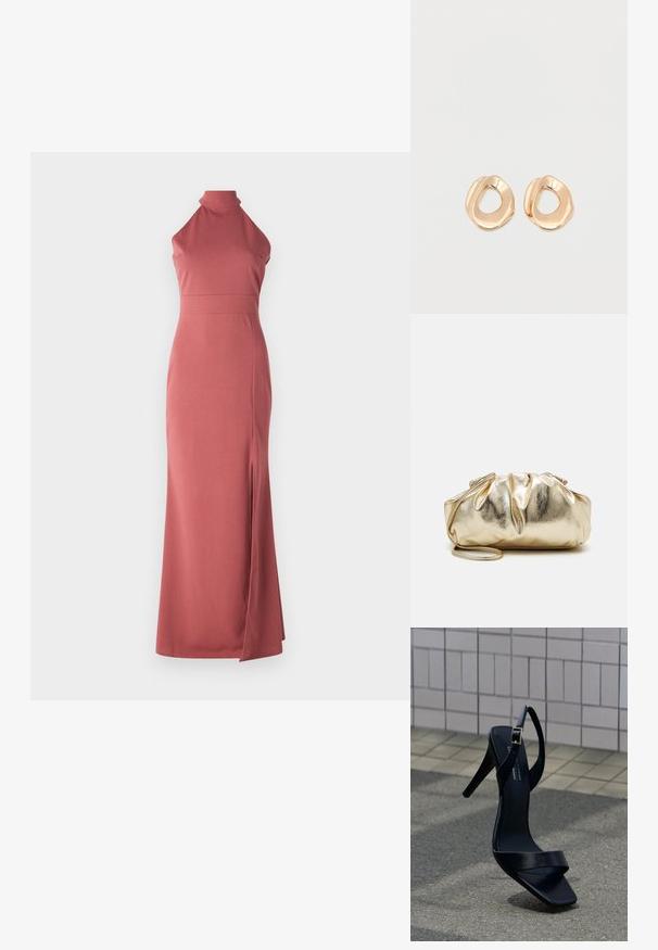 Μακριά φόρεμα σε απόχρωση dusty rose, με λαιμόκοψη halter, στενή εφαρμογή, κατασκευασμένο από απαλό ύφασμα με σκίσιμο στο ύψος του μηρού στην αριστερή πλευρά για επιπλέον λεπτομέρεια σχεδιασμού.; Μαύρο σανδάλι με ψηλό τακούνι, λουράκι στον αστράγαλο και τετράγωνη μύτη, τοποθετημένο στο πεζοδρόμιο μπροστά σε φόντο με πλακάκια.; Χρυσή μεταλλική τσάντα clutch με ζαρωτή υφή, μαλακή στρογγυλή μορφή και αποσπώμενη αλυσίδα. Διαθέτει μαζεμένη σχεδίαση στην κορυφή.; Ζευγάρι σκουλαρικιών κρίκος από μέταλλο σε χρυσή απόχρωση με γυαλιστερό φινίρισμα και ακανόνιστο σχήμα, με ανοιχτό κέντρο, σε λευκό απλό φόντο.