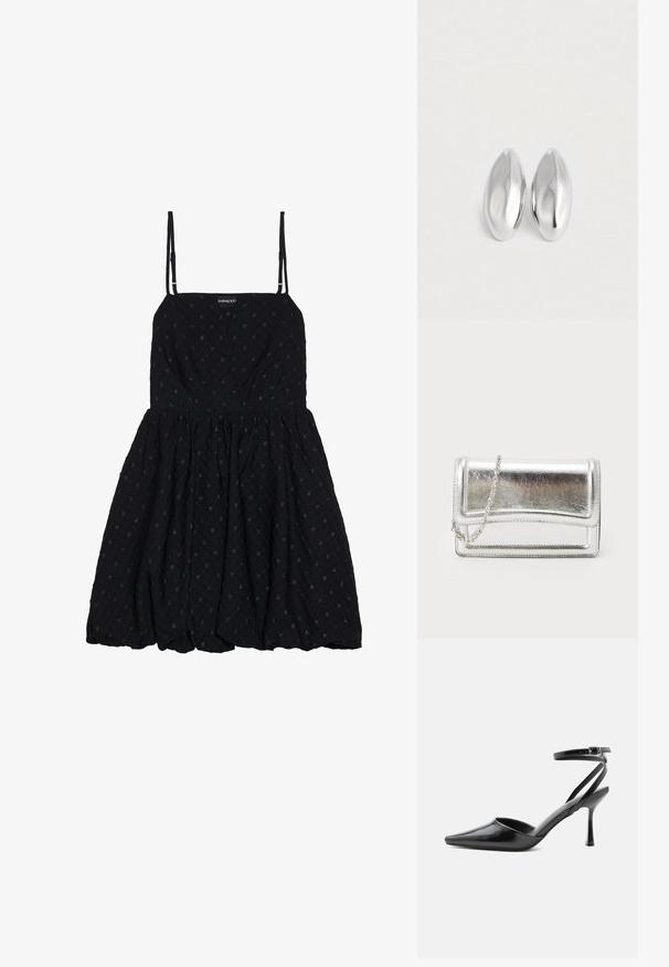 Even&Odd by Zalando Cocktail φόρεμα / Φόρεμα για πάρτι - black; Μαύρη γόβα μυτερή με λεπτά λουράκια στον αστράγαλο και ασημένια πόρπη σε απλό ανοιχτό φόντο.; Ασημένια μεταλλική τσάντα clutch με απλή υφή, κλείσιμο με καπάκι και αλυσίδα. Διαθέτει δομημένο ορθογώνιο σχέδιο και ραφές.; Ζευγάρι ομαλών, γυαλιστερών ασημένιων οβάλ αντικειμένων τοποθετημένων δίπλα-δίπλα σε μια απλή λευκή επιφάνεια.