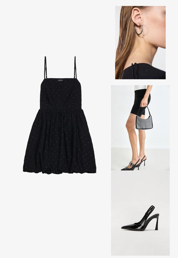 Even&Odd by Zalando Cocktailkjole / festkjole - black; Sorte patenterede lædersædler med spidse tæer, slank høj hæl og dobbelt elastisk rem for sikker pasform. Glat, skinnende overflade.; Sort perlehandtaske med en buet silhuet, bærehåndtag og blank overflade. Båret med højhælede sorte sko og tætsiddende sorte shorts.; Sølv hoop ørestik med en poleret overflade, prydet med små guld accenter og en rund form, båret på øreflippen.