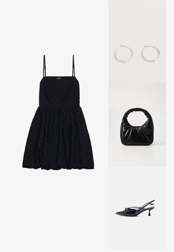 Even&Odd Robe de soirée - black; Escarpin slingback en cuir verni noir, bout pointu, petit talon kitten et nœud décoratif noué à l'avant.; Sac à main noir rembourré avec une poignée arrondie, présentant une surface lisse et brillante ainsi qu'une texture douce et matelassée. Pas de quincaillerie ou d'accents visibles.; Boucles d’oreilles créoles en métal argenté avec une surface lisse légèrement incurvée et des fermoirs à clapet sur un fond blanc uni.