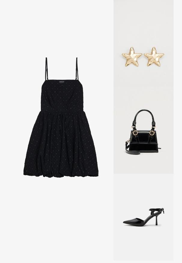 Even&Odd by Zalando Vestido de cóctel - black; Zapato de tacón alto de cuero charol negro con punta puntiaguda y correa en el tobillo atada en un nudo en la parte trasera, mostrado sobre un fondo blanco liso.; Bolso de mano de charol negro con herrajes dorados, doble asa superior y correa de hombro ajustable. Diseño estructurado con costuras decorativas.; Pendientes en forma de estrella dorada con un acabado suave y brillante y un diseño tridimensional, que presentan cinco puntas y una textura ligeramente curvada.