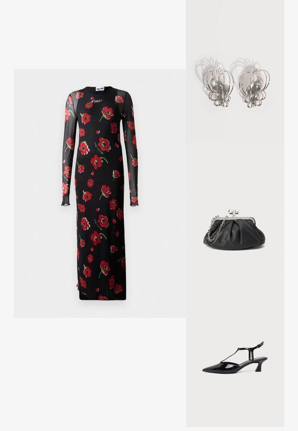 Robe longue noire à manches longues ornée d'un motif floral avec des fleurs rouges. Fabriquée en tissu transparent. Encolure ronde avec une légère évasement aux manches.; Chaussure slingback en cuir verni noir à bout pointu avec bride en T et petit talon bloc incliné sur fond blanc.; Porte-monnaie en cuir noir avec texture froncée, cadre en métal argenté, fermeture à verrouillage kiss-lock et bandoulière en chaîne. Surface lisse et douce.; Paire de boucles d'oreilles en métal argenté avec un design en cage à fil ouvert et des formes ovales centrales lisses projetant des ombres courbes sur un fond blanc.