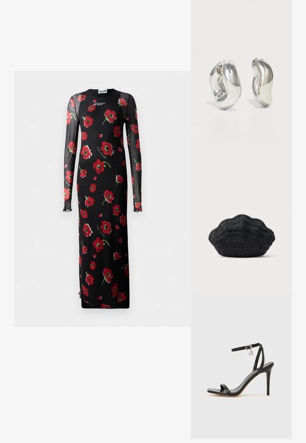 Robe longue noire à manches longues ornée d'un motif floral avec des fleurs rouges. Fabriquée en tissu transparent. Encolure ronde avec une légère évasement aux manches.; Sandale à talon haut noire avec une bride étroite à la cheville, bout carré, cuir lisse et accent de boucle métallique.; Sac à main en osier noir en forme de coquille Saint-Jacques avec un dessus courbé et une texture tressée sur un fond uni.; Boucles d'oreilles sculpturales en argent avec des formes douces et courbes et des surfaces réfléchissantes. Présentent un design de boucle fermée et une forme organique distincte.